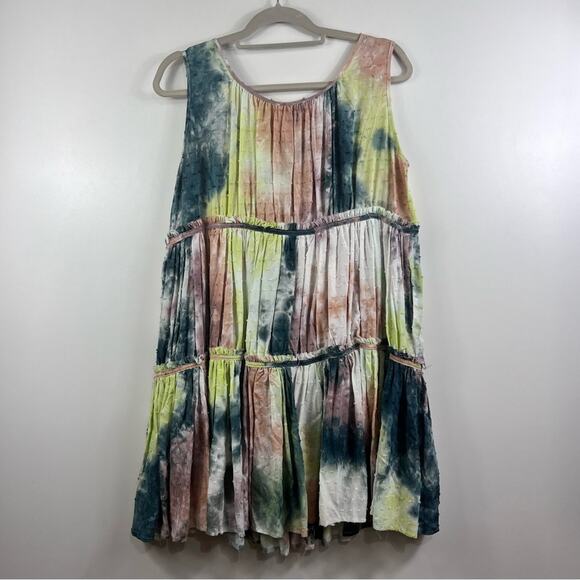 Babydoll Tie Dyed Easel Swiss Dot Tiered Mini Dress Small Boho Hippie Cottage - Picture 13 of 14